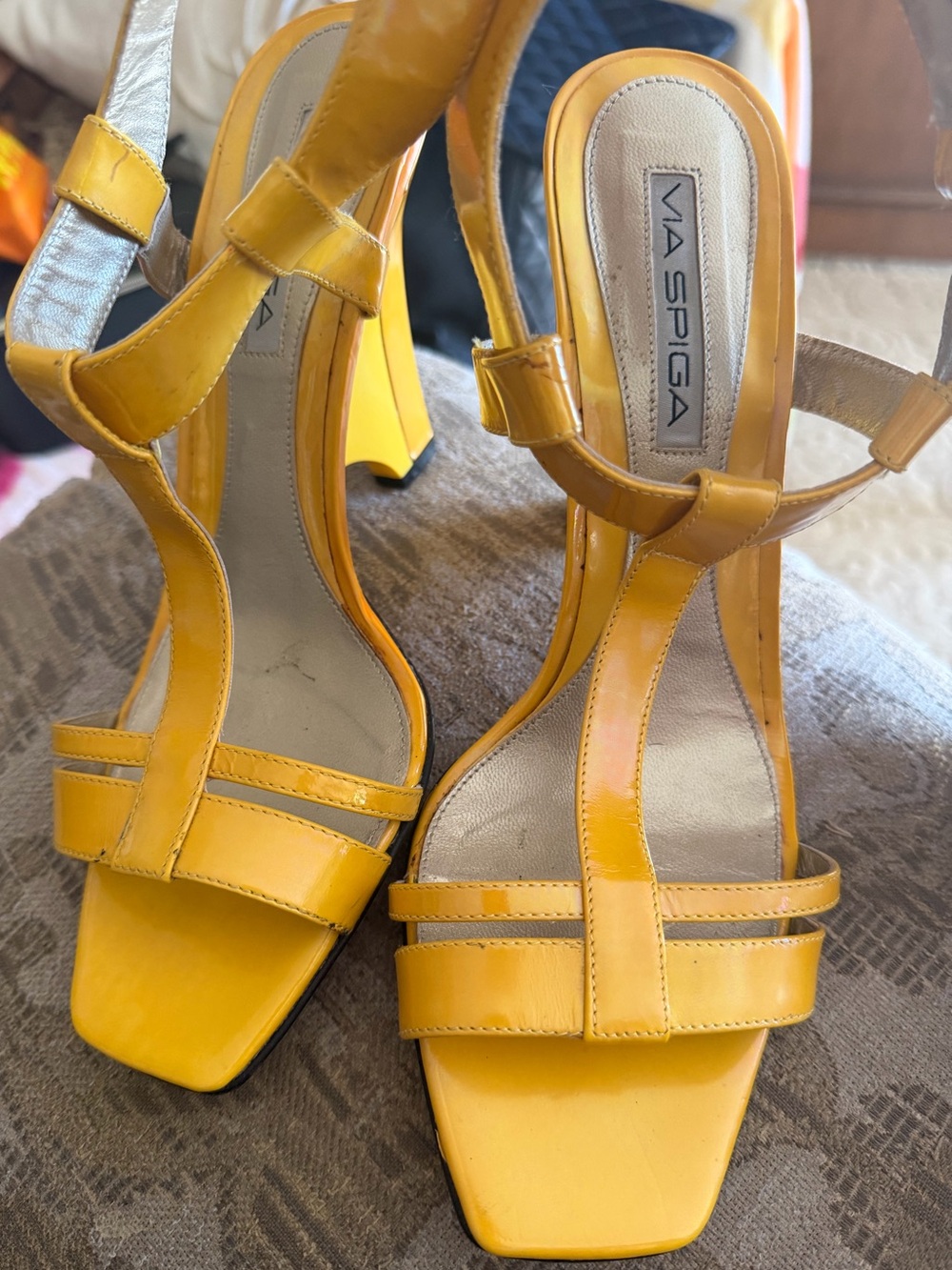 Via Spiga strappy Yellow Patent Wedges size 9-1/2 good condition !
